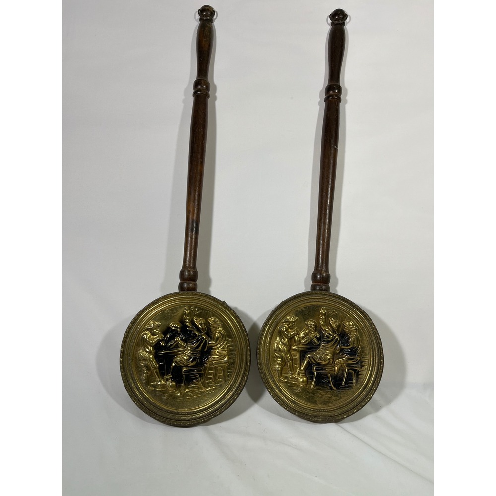 Vintage Brass‎ Bed Warmers Set of 2 with Figural Relief Wood Handles England 29"